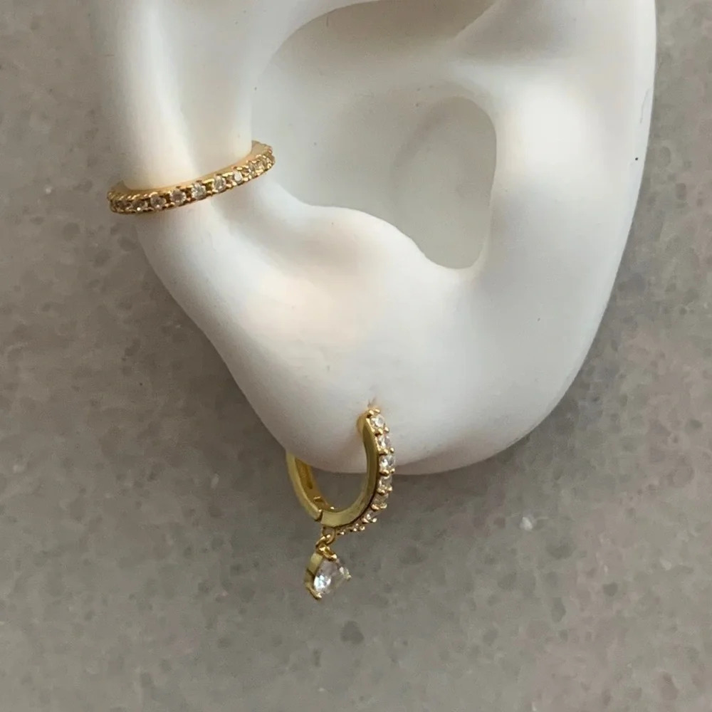 18K Gold Tear Drop Crystal Huggie Hoop Earrings
